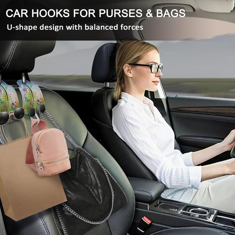 Blusabaca 2PCS Car Seat Back Storage Headrest Hooks, Floral Spring Purse Holder Bags Hanger, PU Leather Double Metal Hook for Backseat Organizer, Women Car Accessories Organization - Image 2